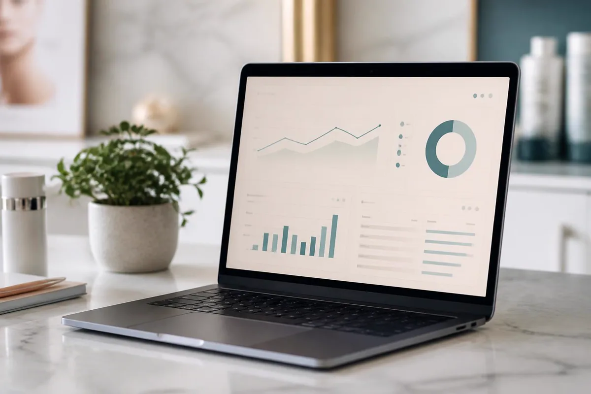 Analytics dashboard on a laptop in a bright dermatology office