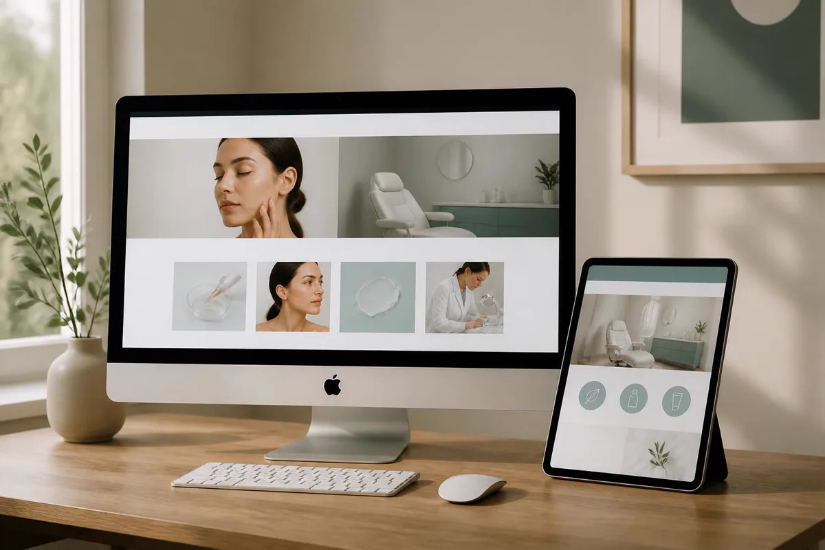 Modern dermatology website mockup on a desktop and tablet in a bright office
