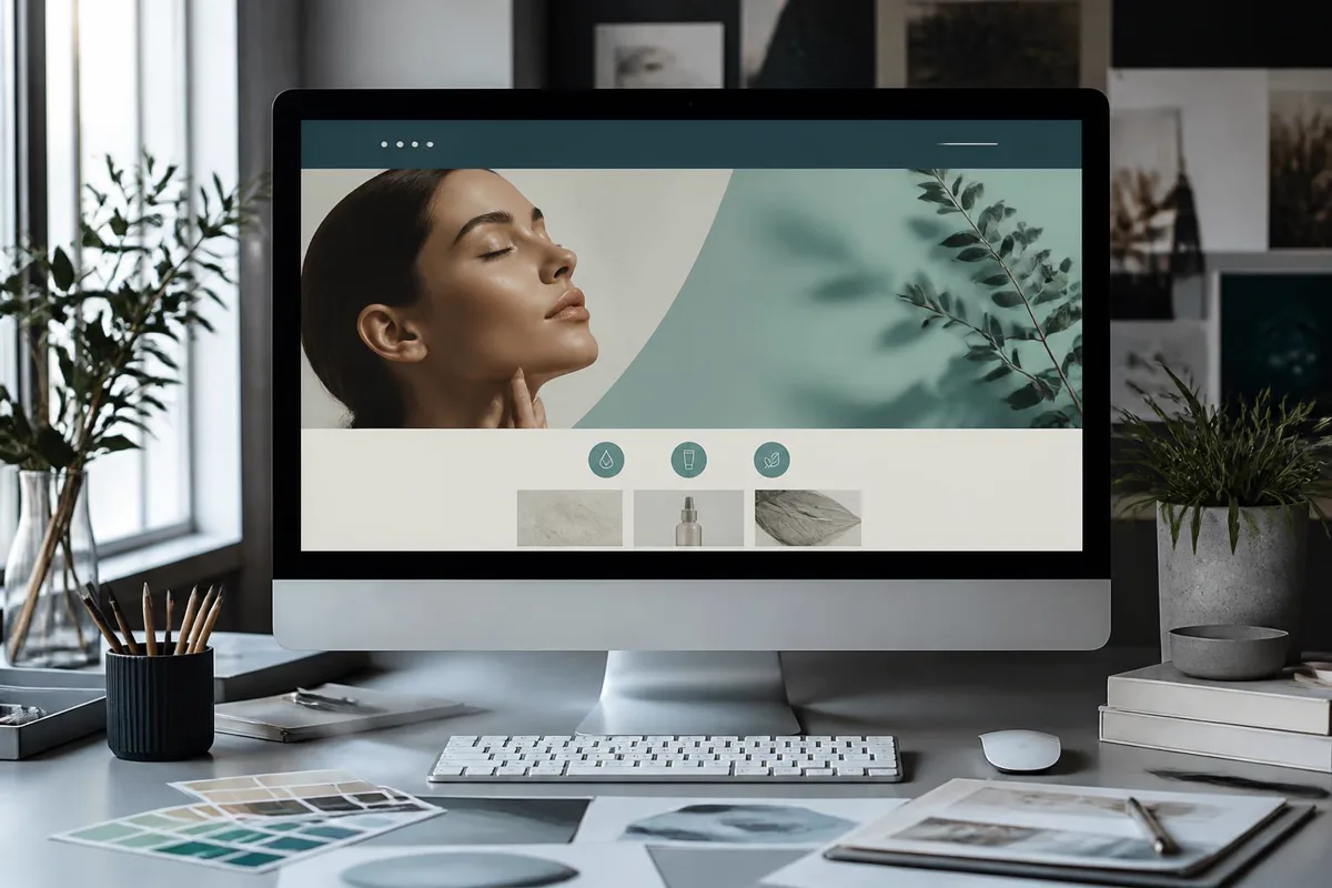 Designer's iMac showing an elegant dermatology homepage hero with plants and swatches
