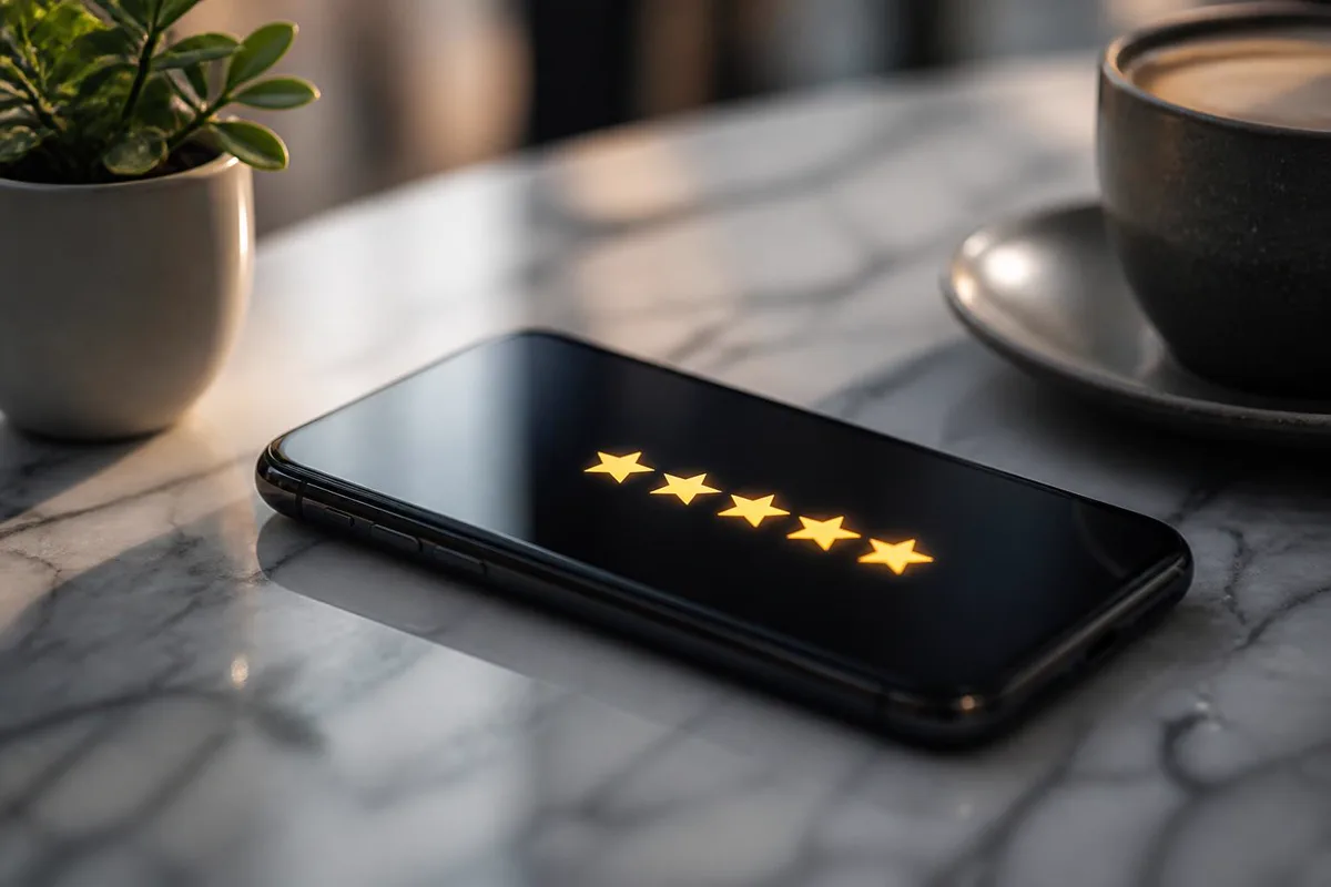 Smartphone showing a five-star review on a marble table with soft light