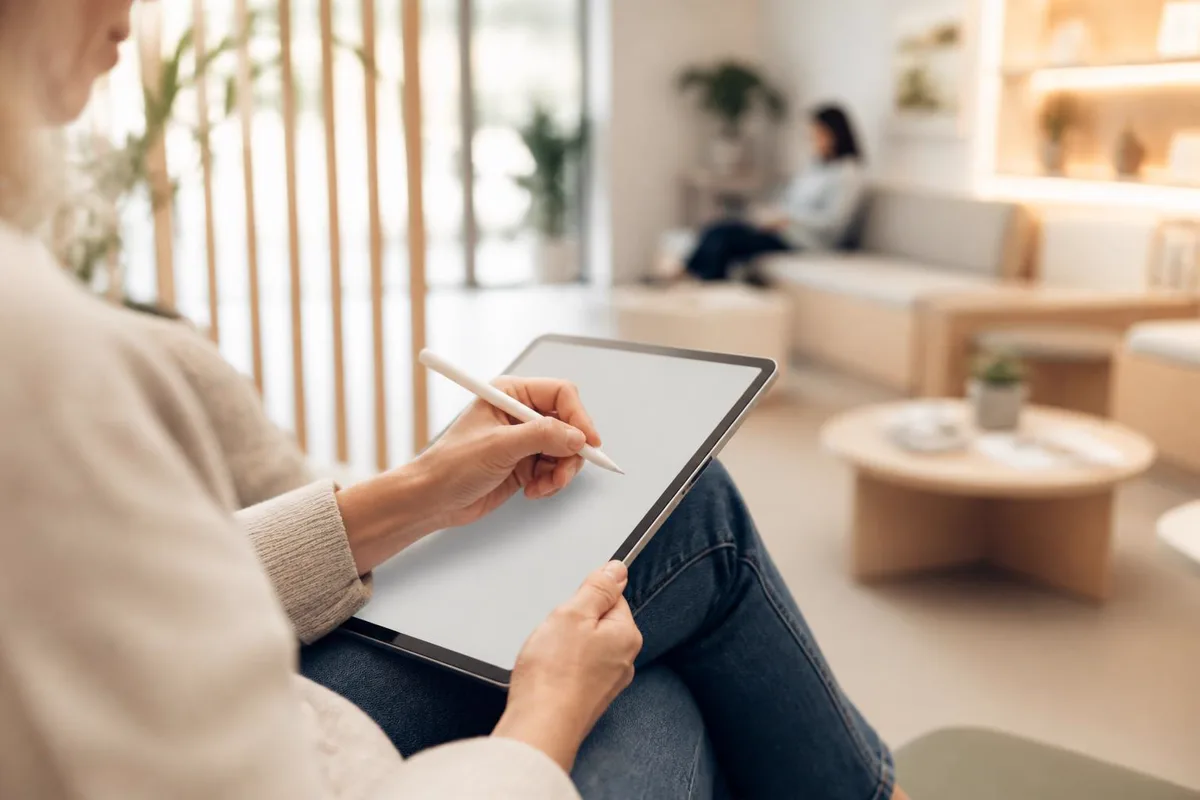Patient completing an intake form on a tablet in a bright waiting room