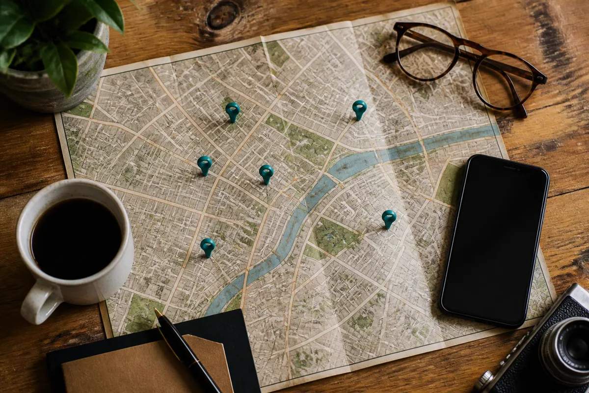 Overhead flat lay of a city map with teal location pins marking dermatology clinics