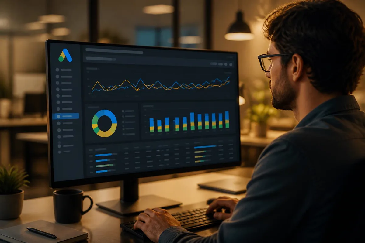 Marketer reviewing paid-ads performance charts on a widescreen monitor