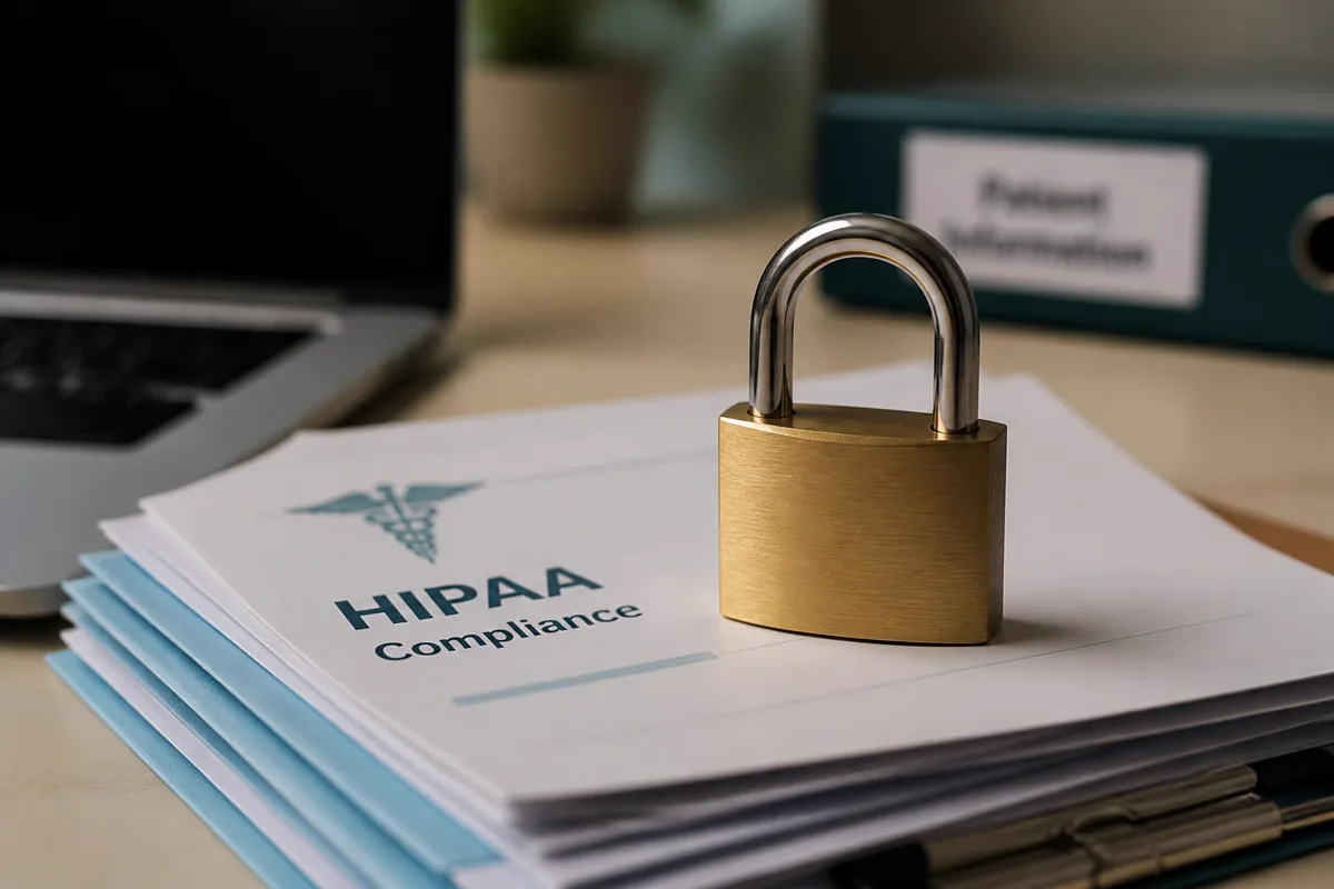 Brass padlock resting on a stack of HIPAA compliance documents