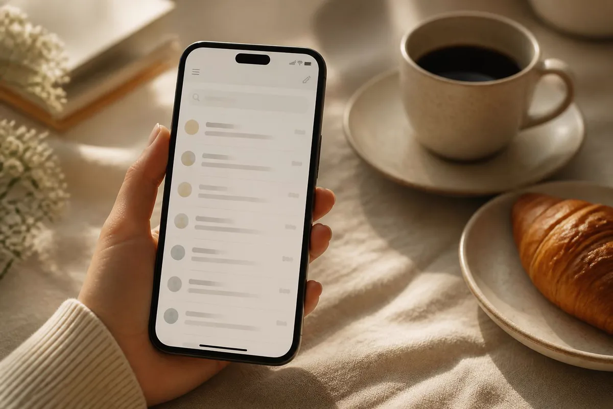 Smartphone showing a soft-lit inbox next to a coffee cup and croissant on linen