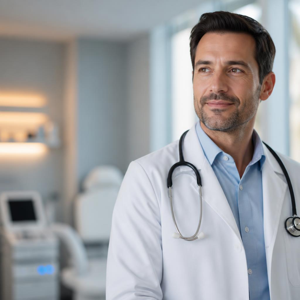 Board-certified dermatologist in a modern clinic — representing the practices we build websites for