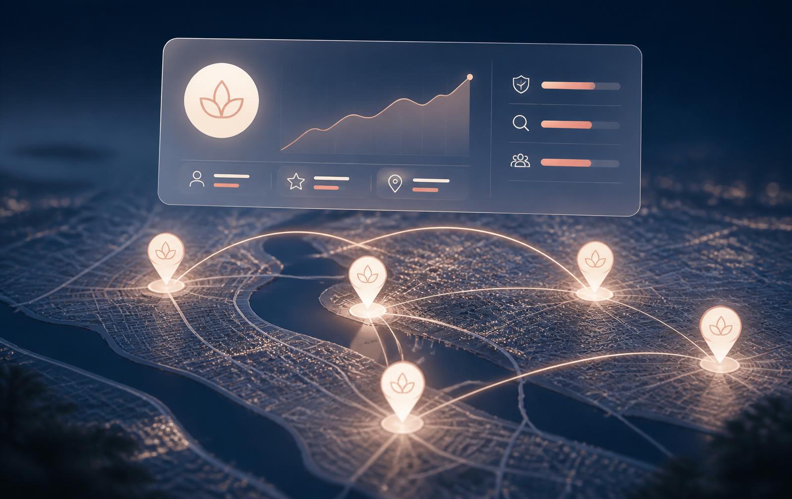 Multi-location dermatology clinic network map with unified brand dashboard