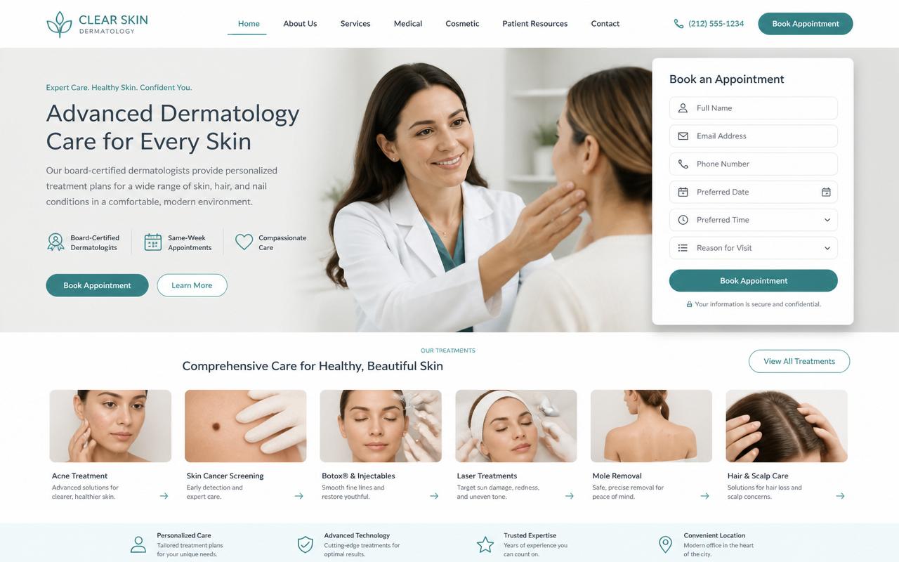 Clear Skin Dermatology — medical practice website preview